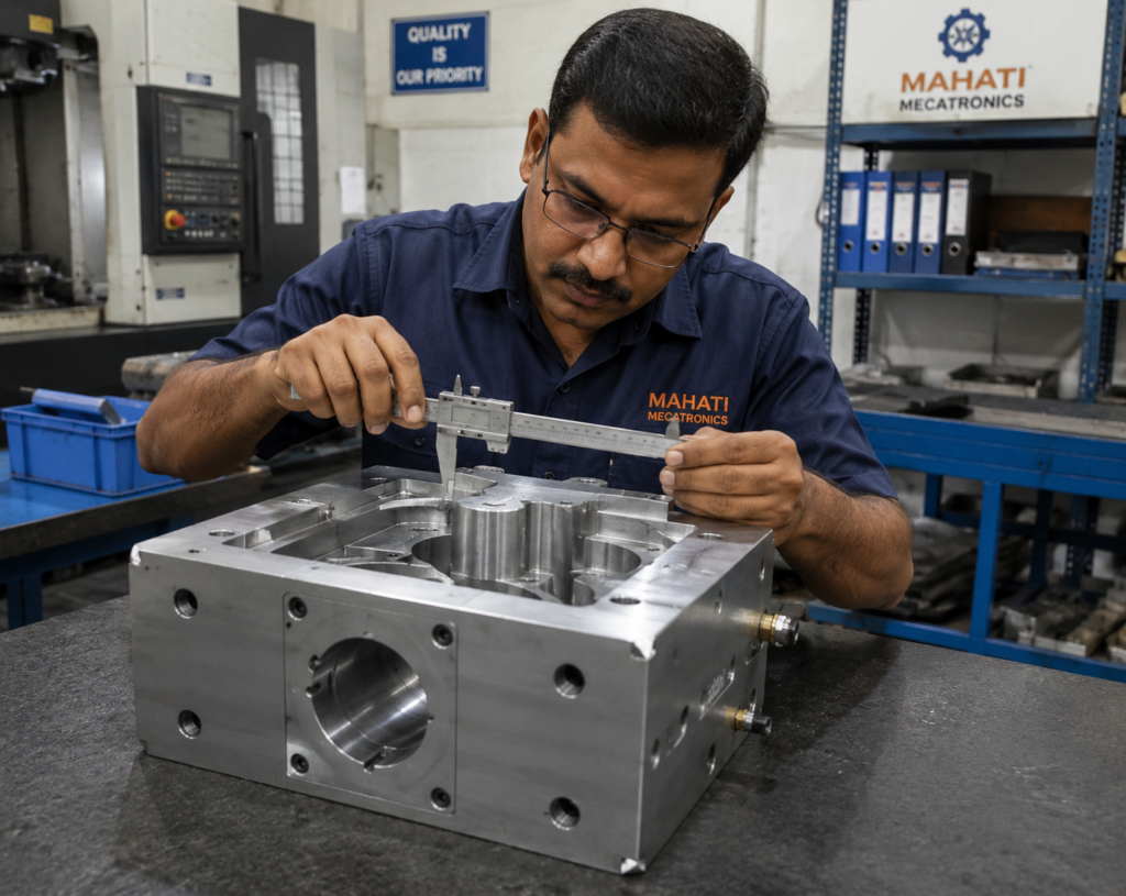 Core box for a core shooter machine being inspected before dispatch at a Bangalore pattern making facility