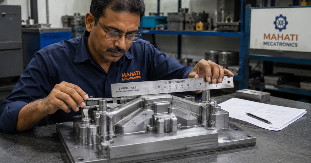 Engineer measuring shrinkage allowance on a metal pattern showing pattern allowances calculation at Mahati Bangalore