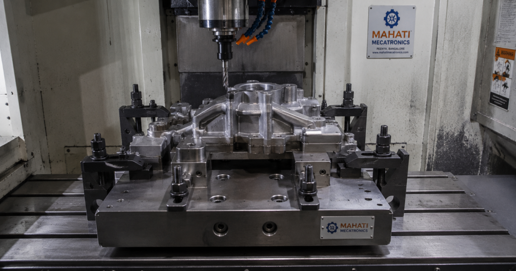 Custom machined jig and fixture set on a workbench showing jigs and fixtures manufacturer capability at Mahati Bangalore