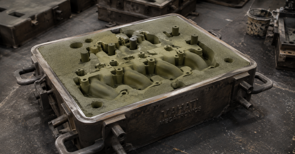 Green sand mould ready for pouring showing sand casting manufacturer process at Mahati Bangalore foundry