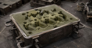 Green sand mould ready for pouring showing sand casting manufacturer process at Mahati Bangalore foundry
