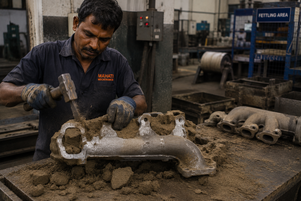 Sand & Shell Castings Freshly cast exhaust manifold being removed from a shell mould at a Bangalore casting manufacturer